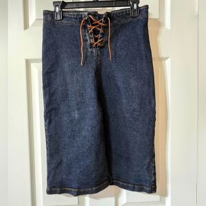 Vintage 90s Forever 21 Denim Pencil Skirt, Faux Suede Lace-Up Close w/ Stretch.